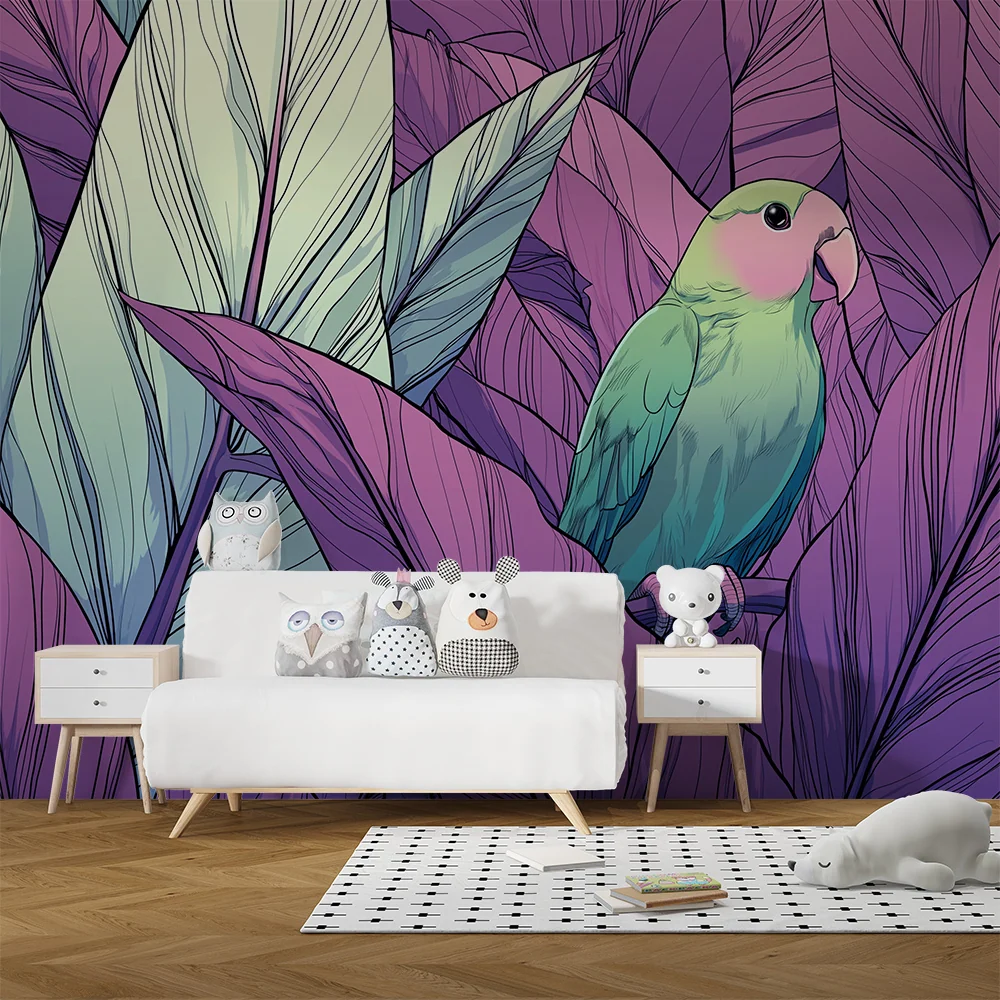 Kids room wallpaper | Barevný pták mezi tropickými listy