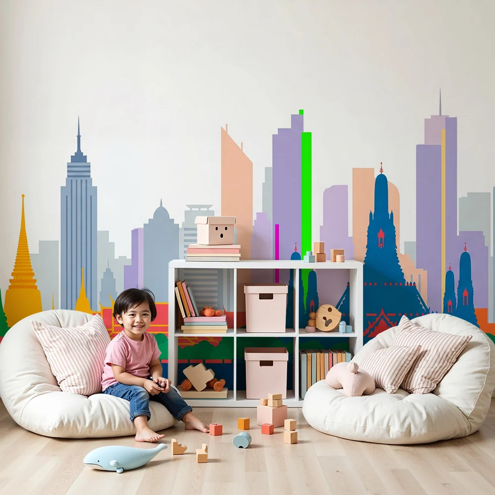 Kids room wallpaper | Barevné siluety ikonických památek dynamická panoramatická linie