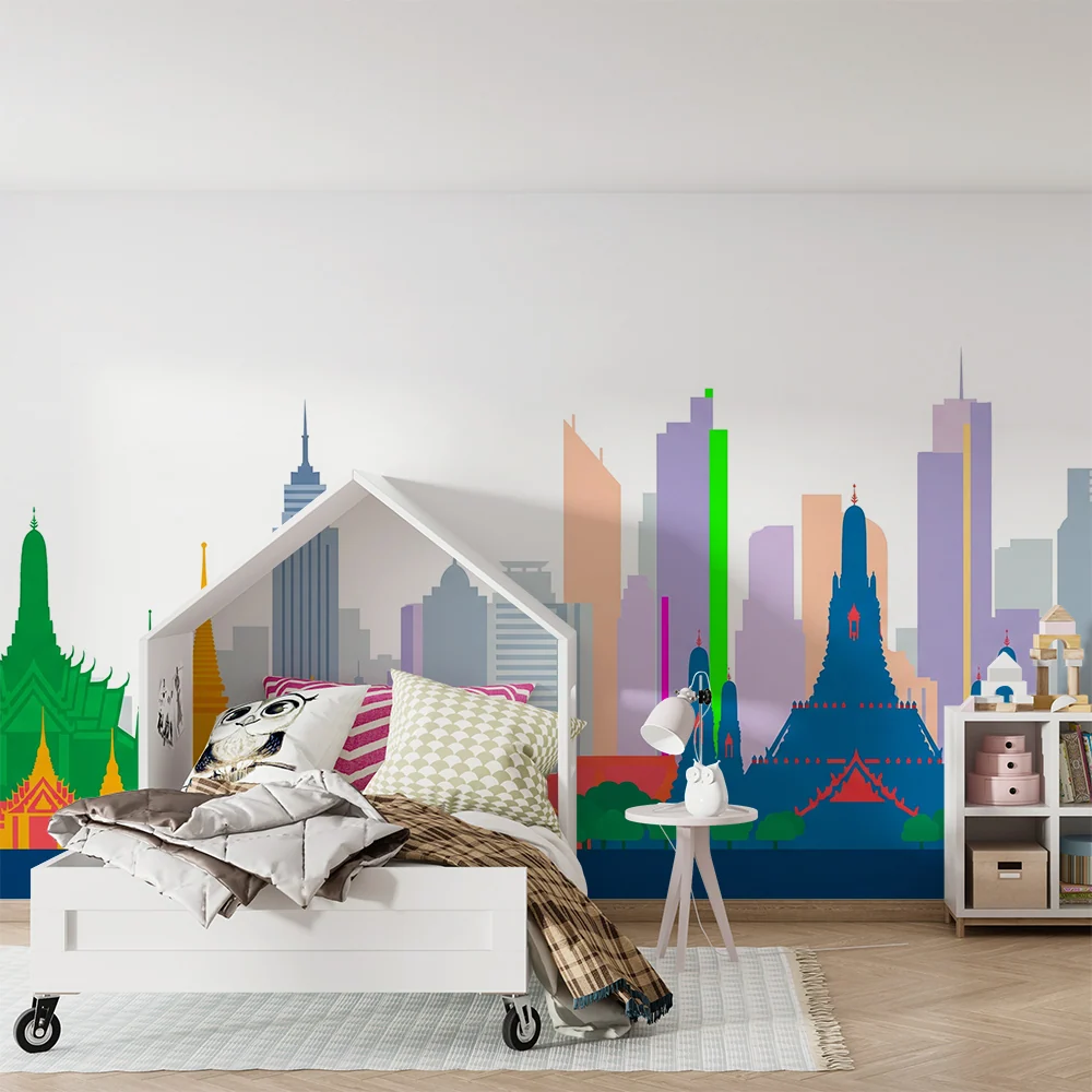 Kids room wallpaper | Barevné siluety ikonických památek dynamická panoramatická linie