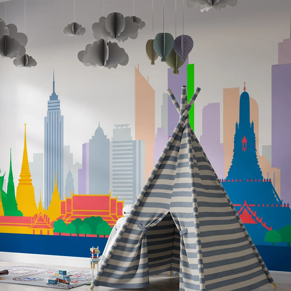 Kids room wallpaper | Barevné siluety ikonických památek dynamická panoramatická linie