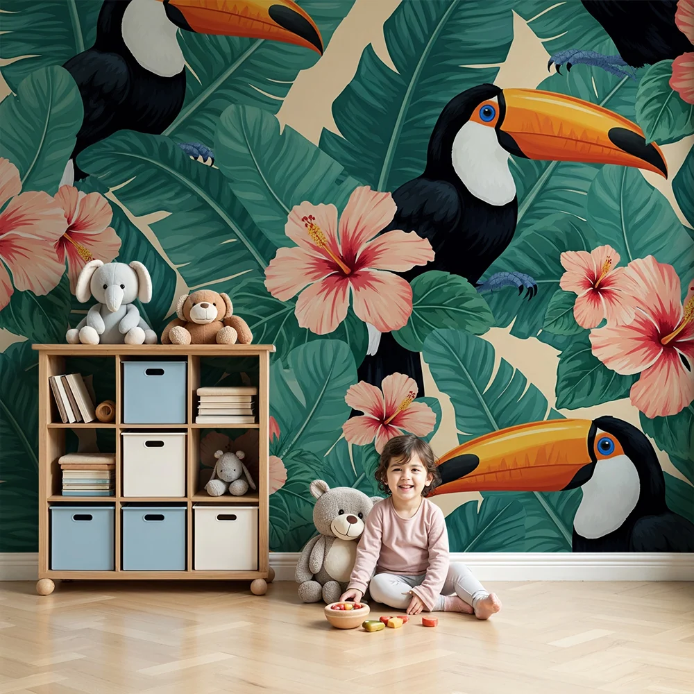 Kids room wallpaper | Barevní tukani hibiscusové květiny v bujné džungli