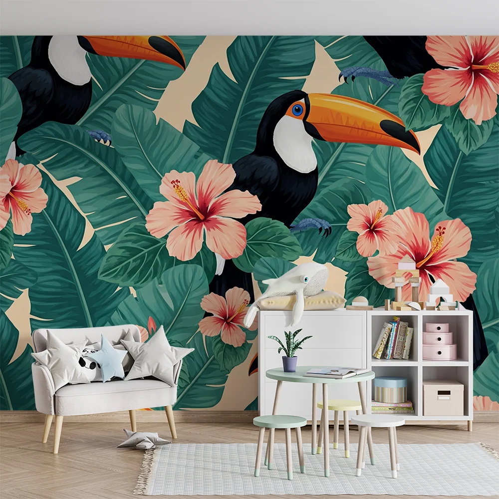 Kids room wallpaper | Barevní tukani hibiscusové květiny v bujné džungli