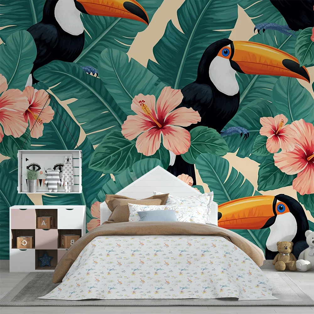 Kids room wallpaper | Barevní tukani hibiscusové květiny v bujné džungli