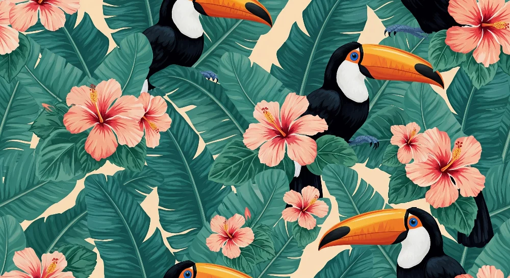 Kids room wallpaper | Barevní tukani hibiscusové květiny v bujné džungli