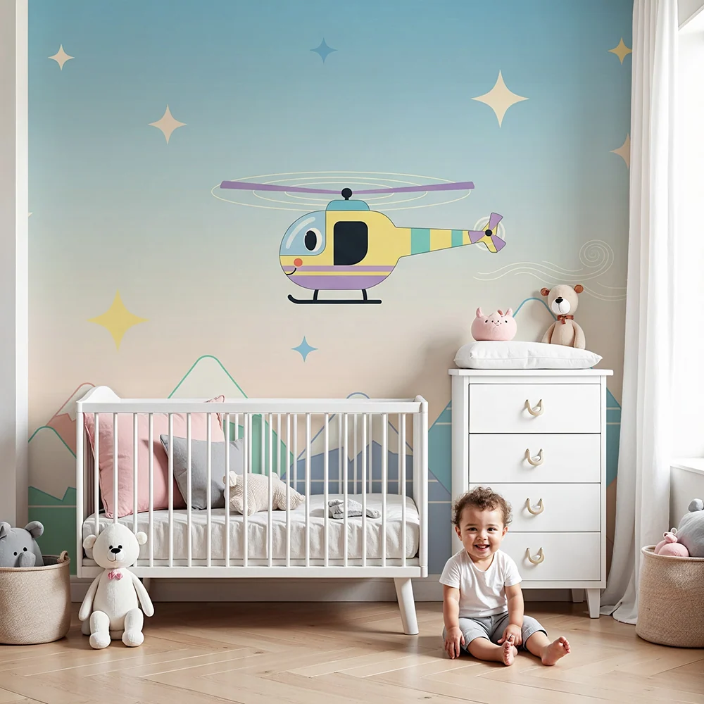 Kids room wallpaper | Barevný vrtulník létající nad pastelovými horami