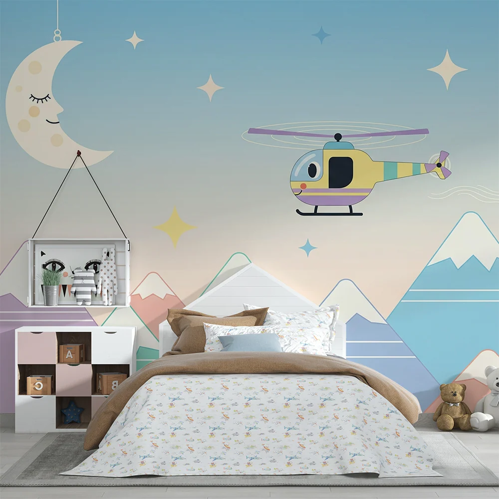 Kids room wallpaper | Barevný vrtulník létající nad pastelovými horami