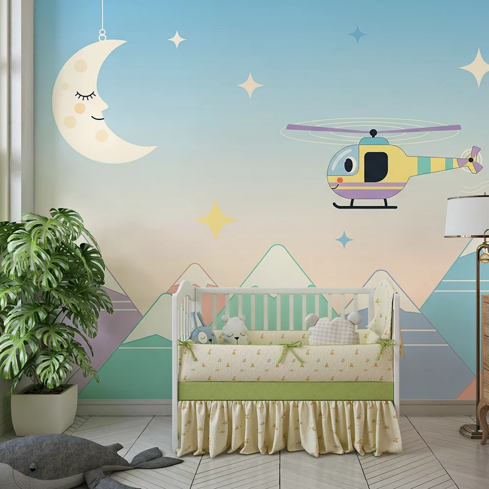 Kids room wallpaper | Barevný vrtulník létající nad pastelovými horami