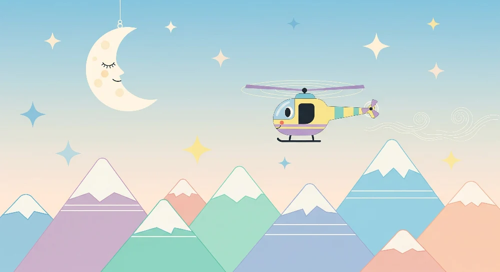 Kids room wallpaper | Barevný vrtulník létající nad pastelovými horami