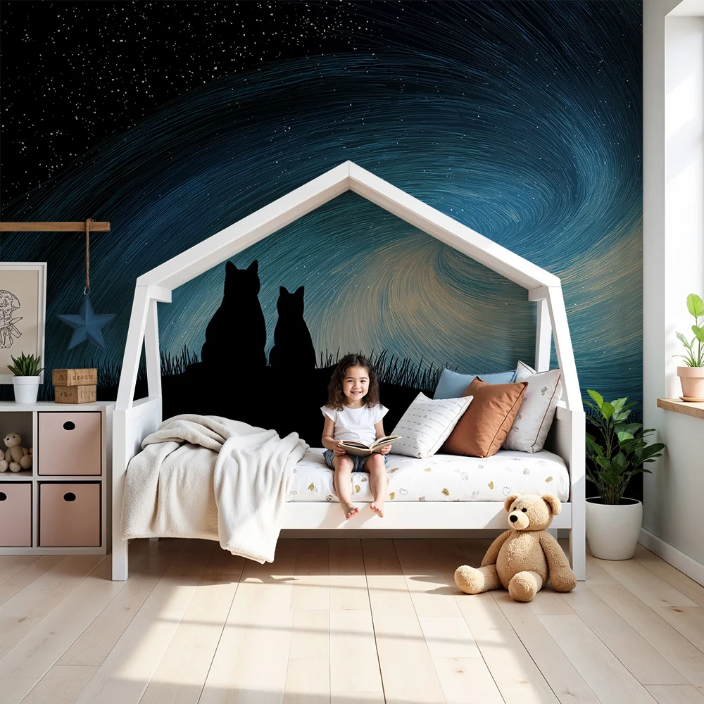 Kids room wallpaper | Cats under moving starry sky