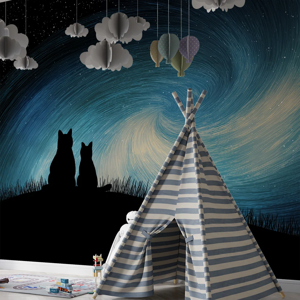 Kids room wallpaper | Cats under moving starry sky