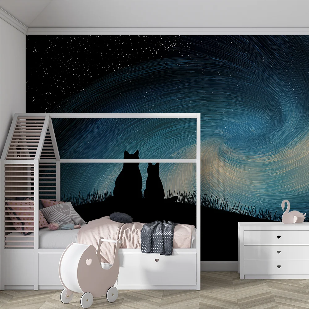 Kids room wallpaper | Cats under moving starry sky