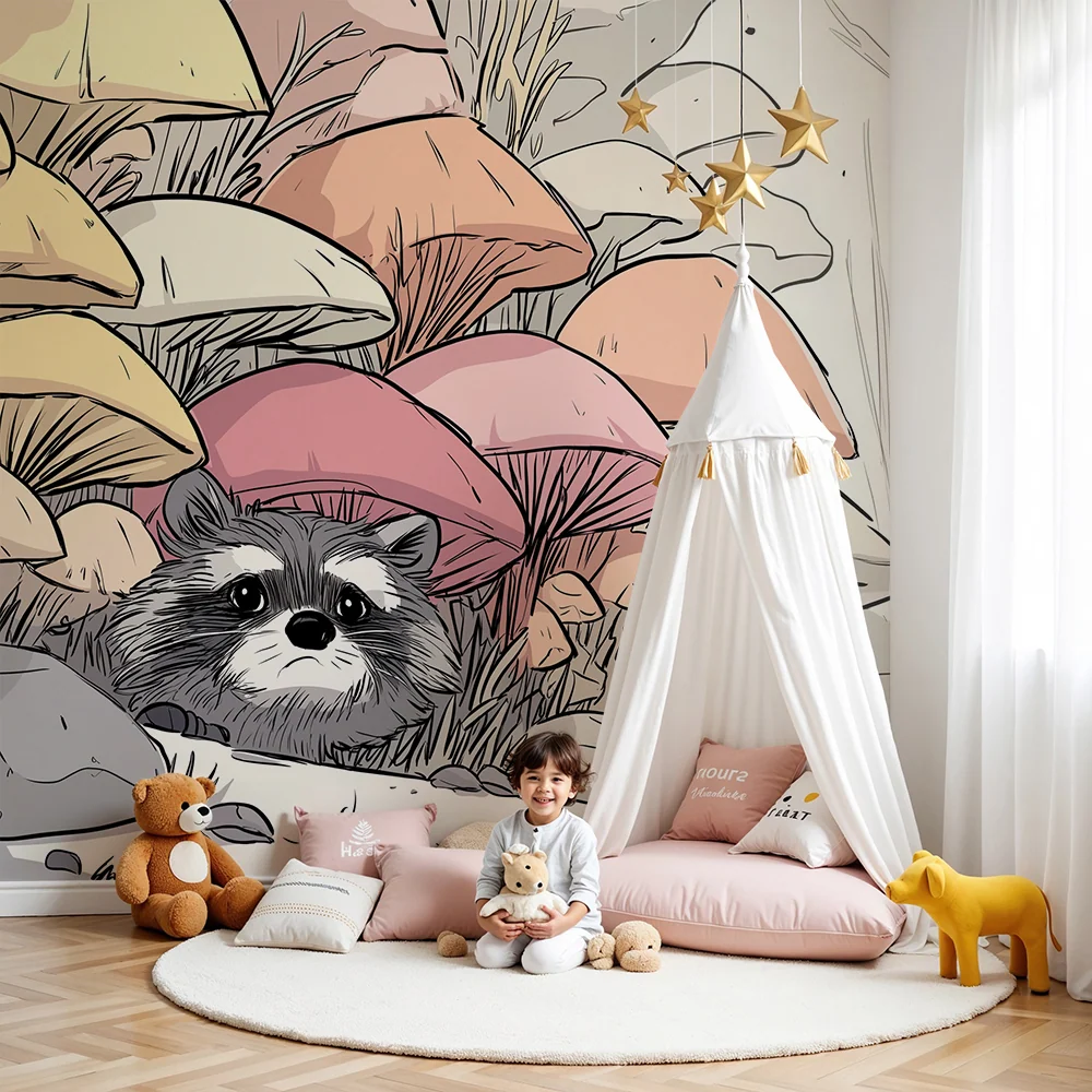 Kids room wallpaper | Curious raccoon among colorful mushrooms