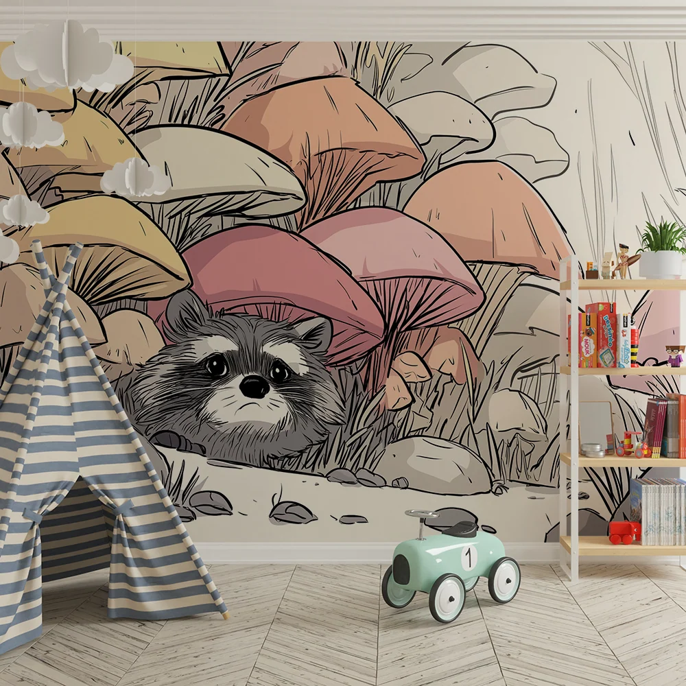 Kids room wallpaper | Curious raccoon among colorful mushrooms