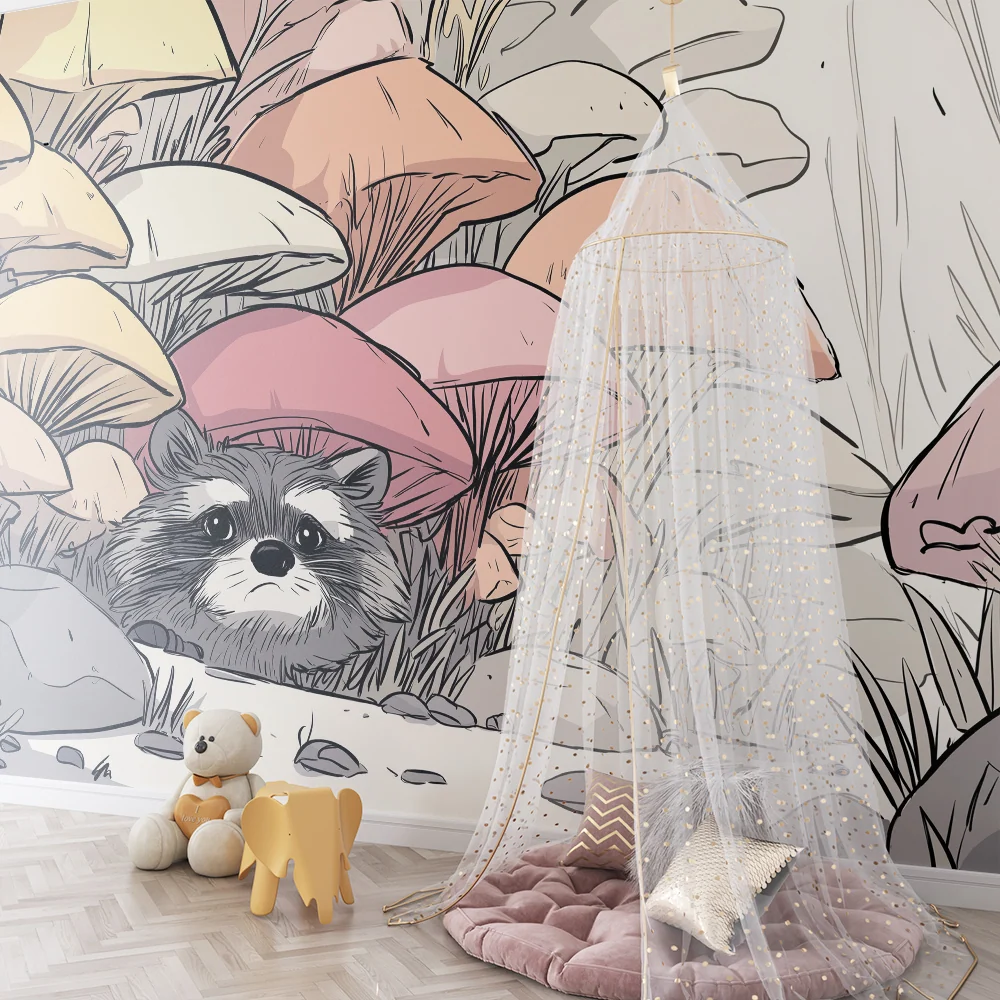 Kids room wallpaper | Curious raccoon among colorful mushrooms