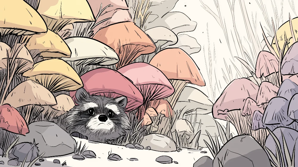 Kids room wallpaper | Curious raccoon among colorful mushrooms