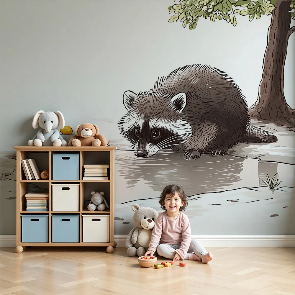 Kids room wallpaper | Curious raccoon near fruit tree