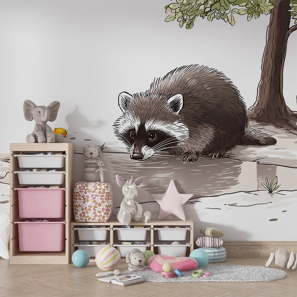 Kids room wallpaper | Curious raccoon near fruit tree