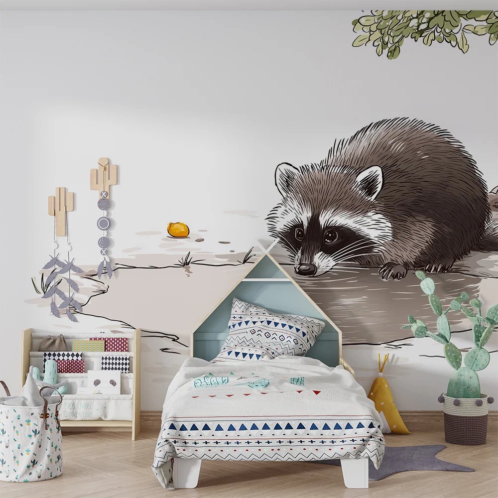 Kids room wallpaper | Curious raccoon near fruit tree