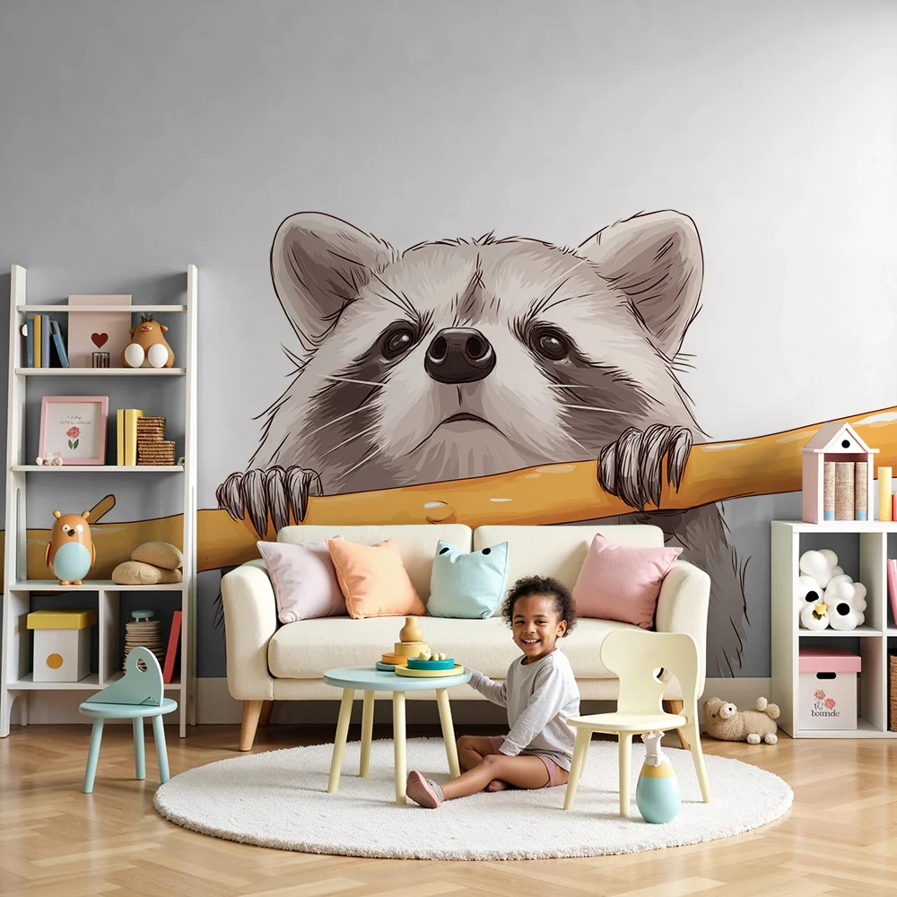 Kids room wallpaper | Curious raccoon on orange branch