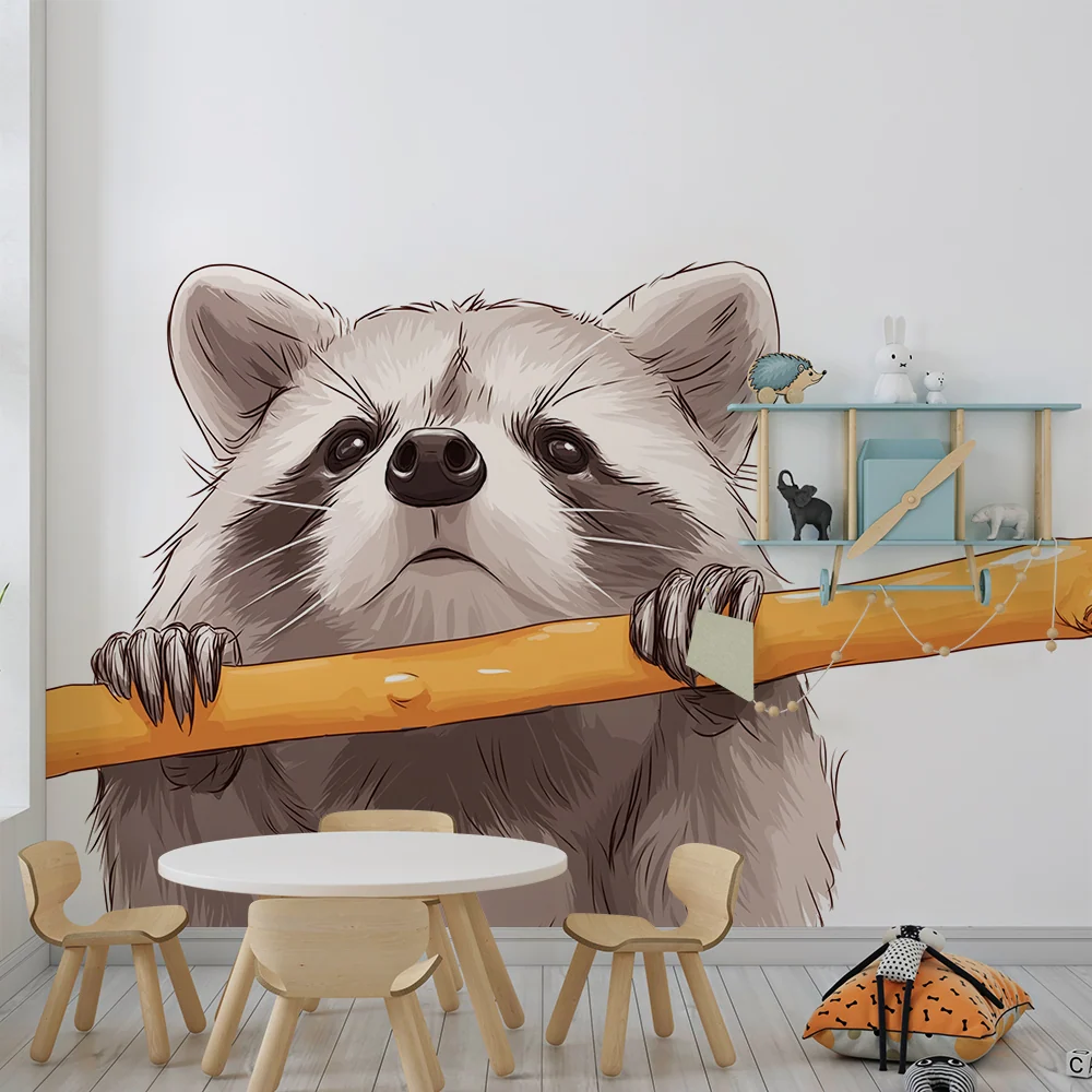 Kids room wallpaper | Curious raccoon on orange branch