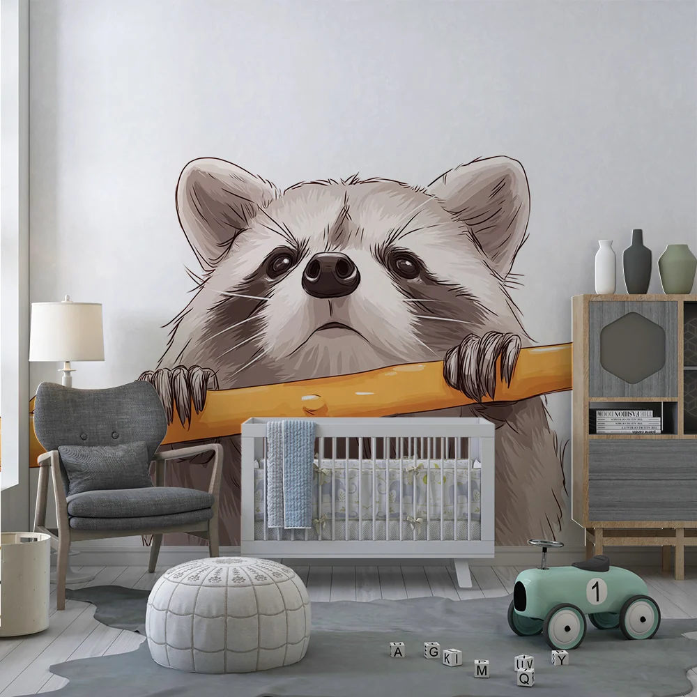 Kids room wallpaper | Curious raccoon on orange branch
