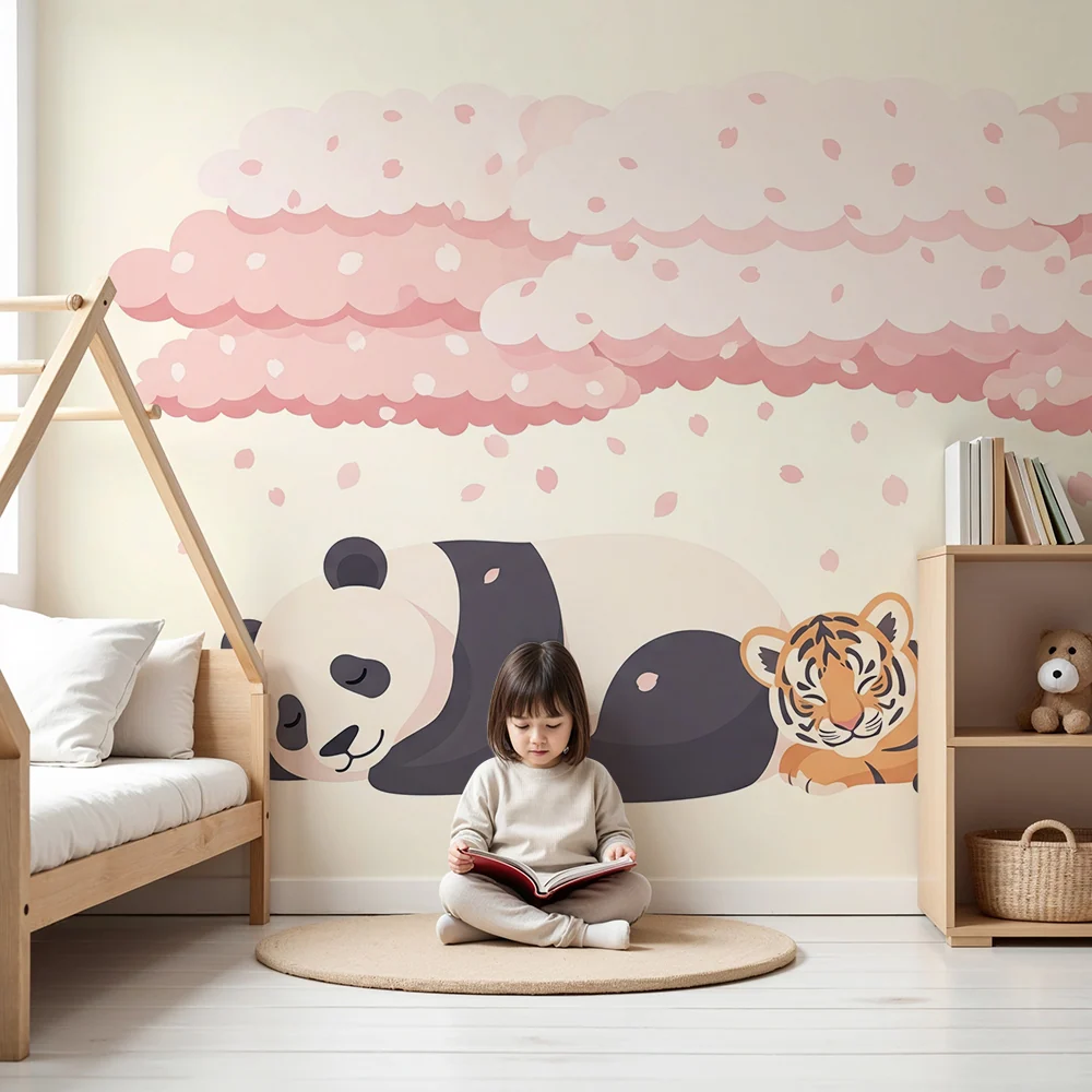 Kids room wallpaper | Cute animals under cherry blossom tree