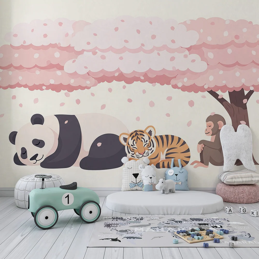 Kids room wallpaper | Cute animals under cherry blossom tree