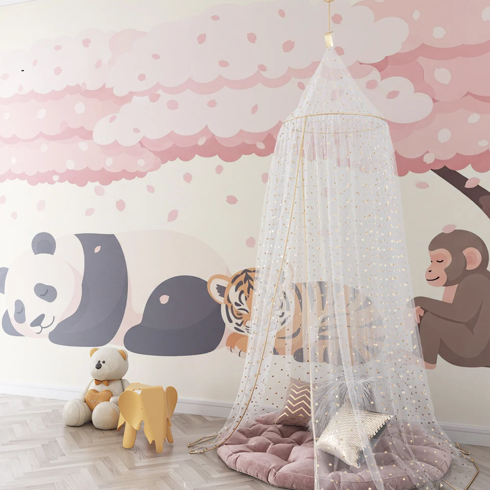 Kids room wallpaper | Cute animals under cherry blossom tree