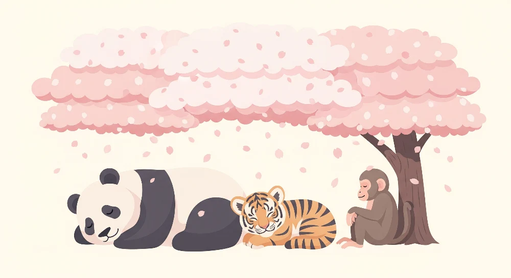 Kids room wallpaper | Cute animals under cherry blossom tree