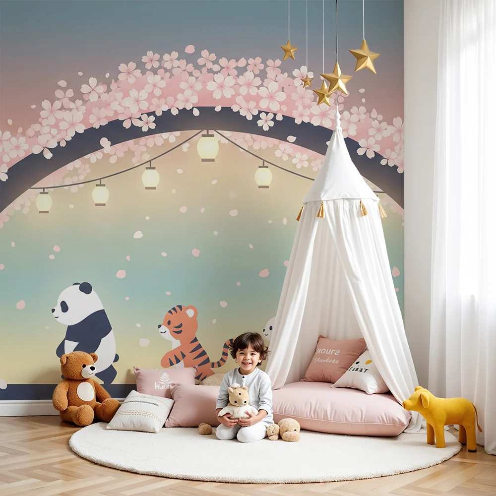 Kids room wallpaper | Cute animals under floral arch