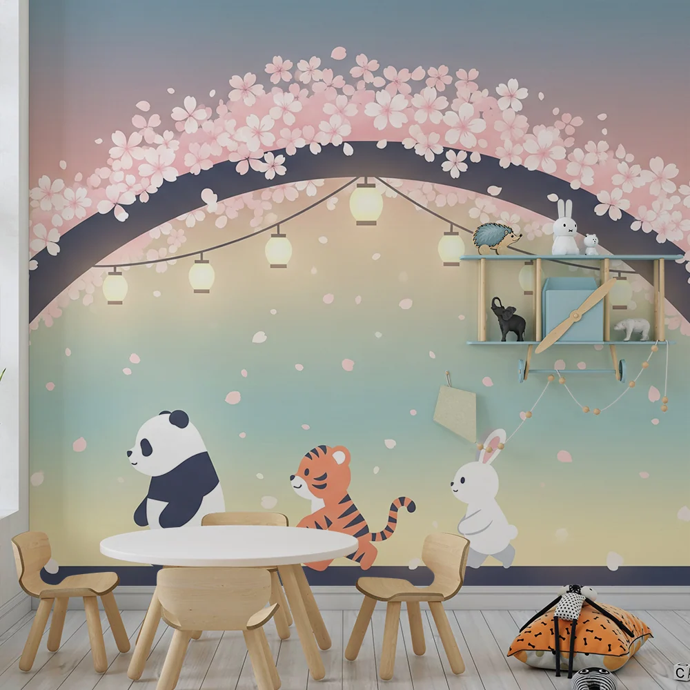 Kids room wallpaper | Cute animals under floral arch