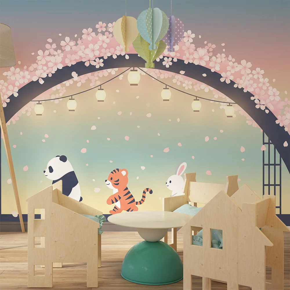 Kids room wallpaper | Cute animals under floral arch