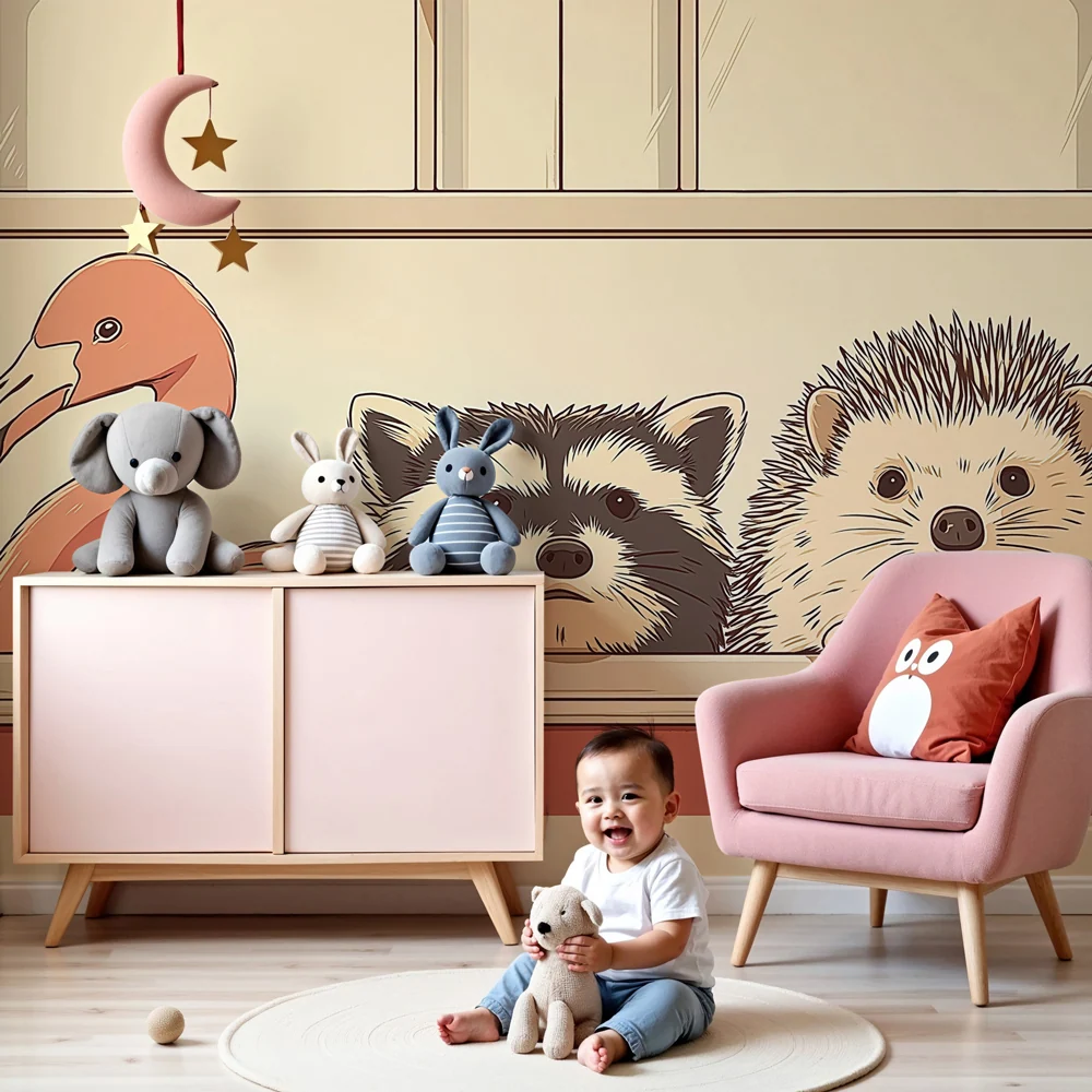 Kids room wallpaper | Cute animals at window