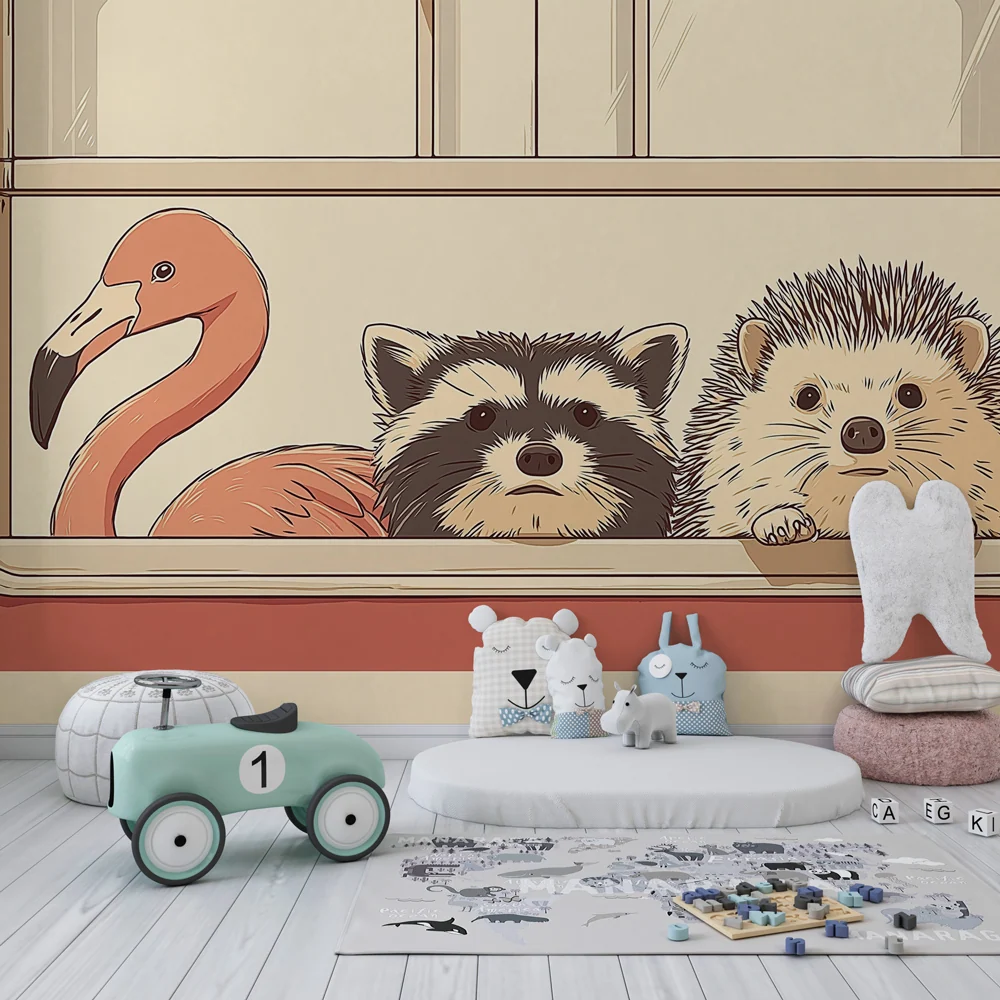 Kids room wallpaper | Cute animals at window