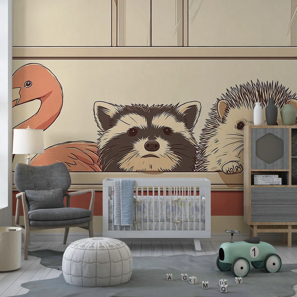 Kids room wallpaper | Cute animals at window