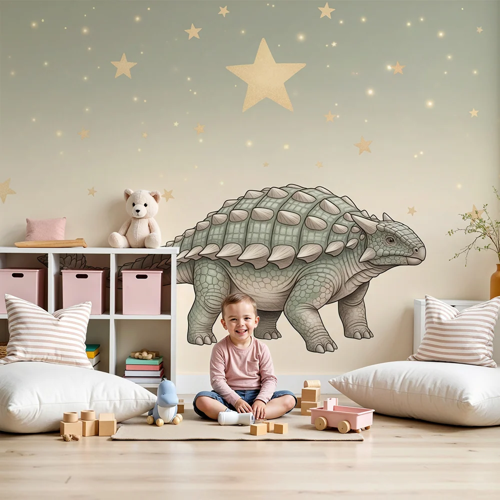 Kids room wallpaper | Cute dinosaur under starry sky