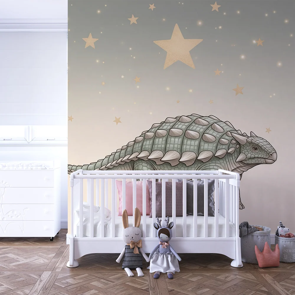Kids room wallpaper | Cute dinosaur under starry sky