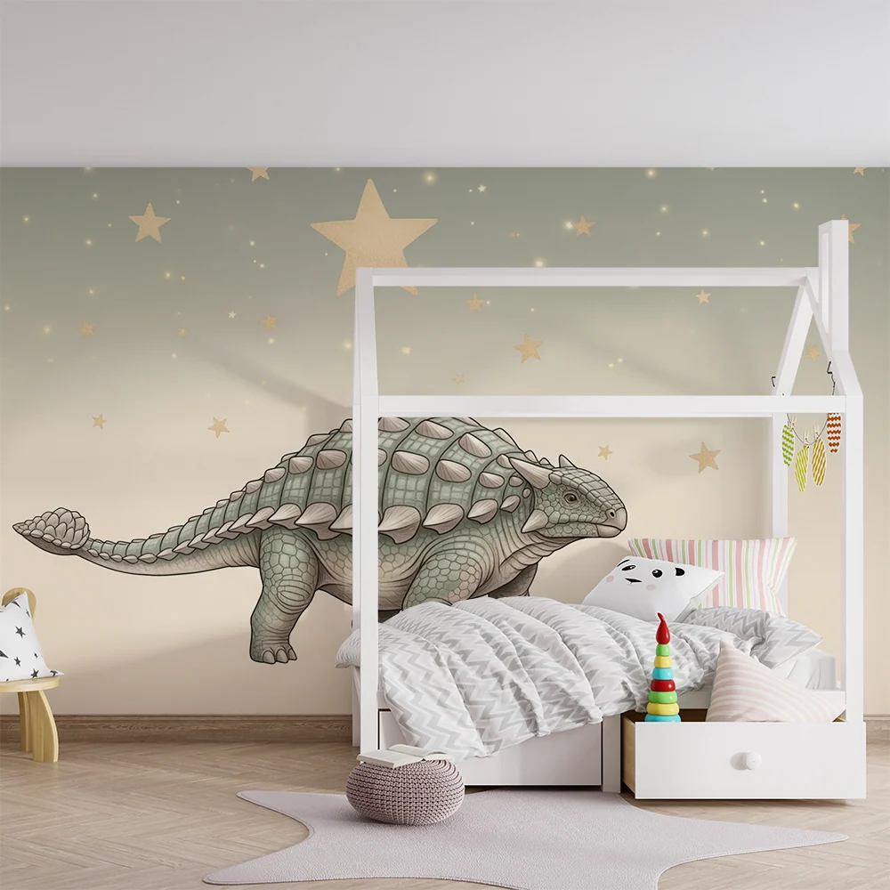 Kids room wallpaper | Cute dinosaur under starry sky