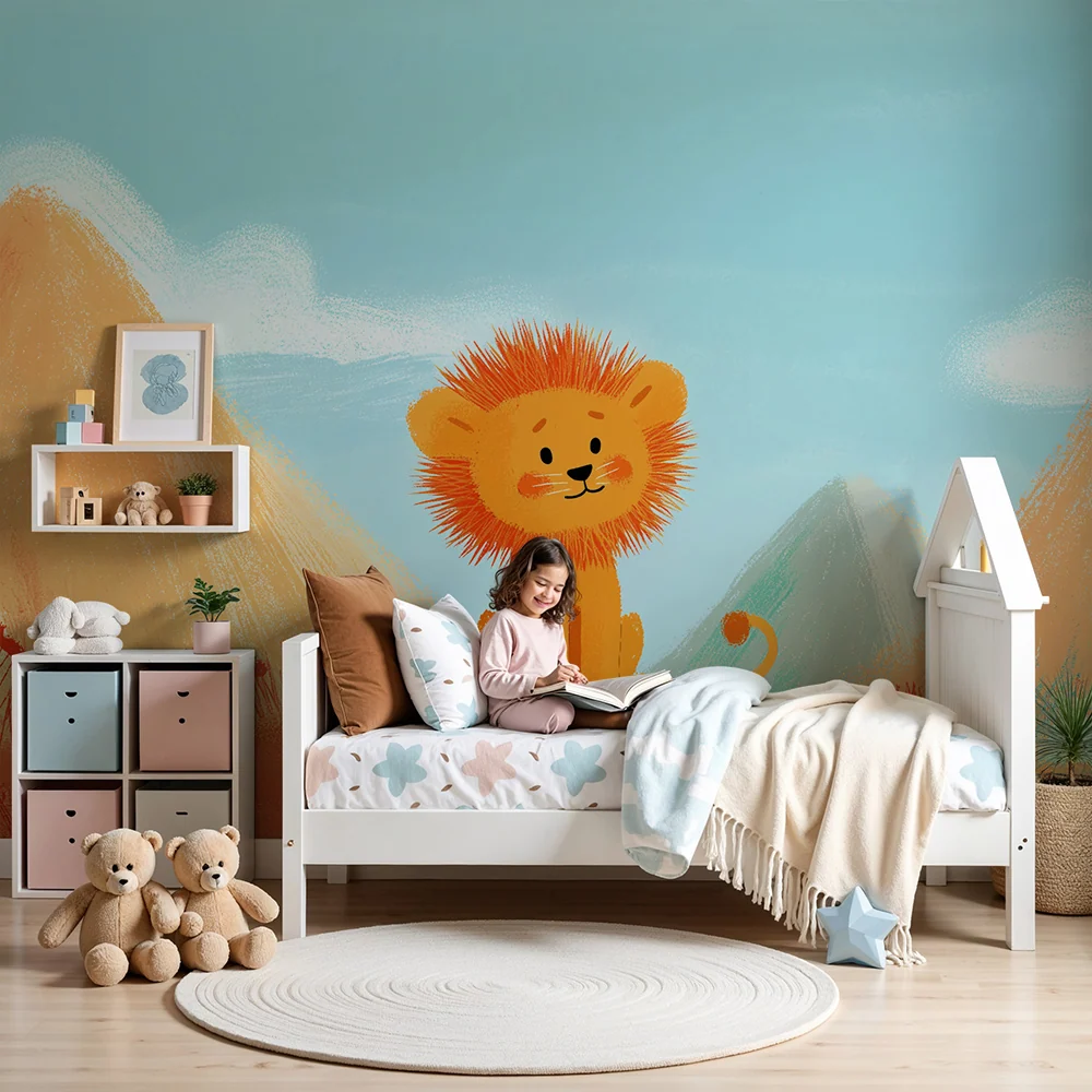 Kids room wallpaper | Cute little lion colorful desert landscape