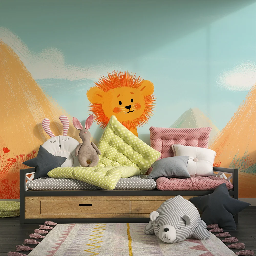 Kids room wallpaper | Cute little lion colorful desert landscape