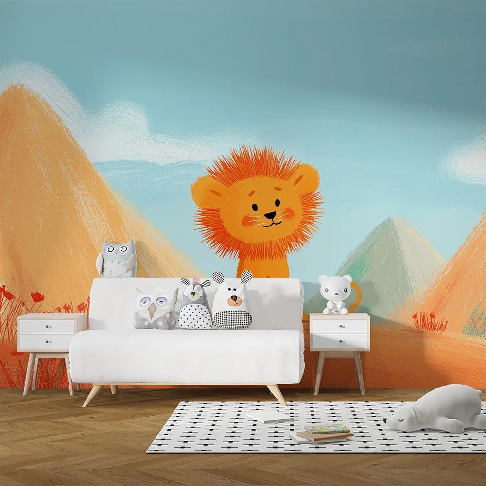 Kids room wallpaper | Cute little lion colorful desert landscape