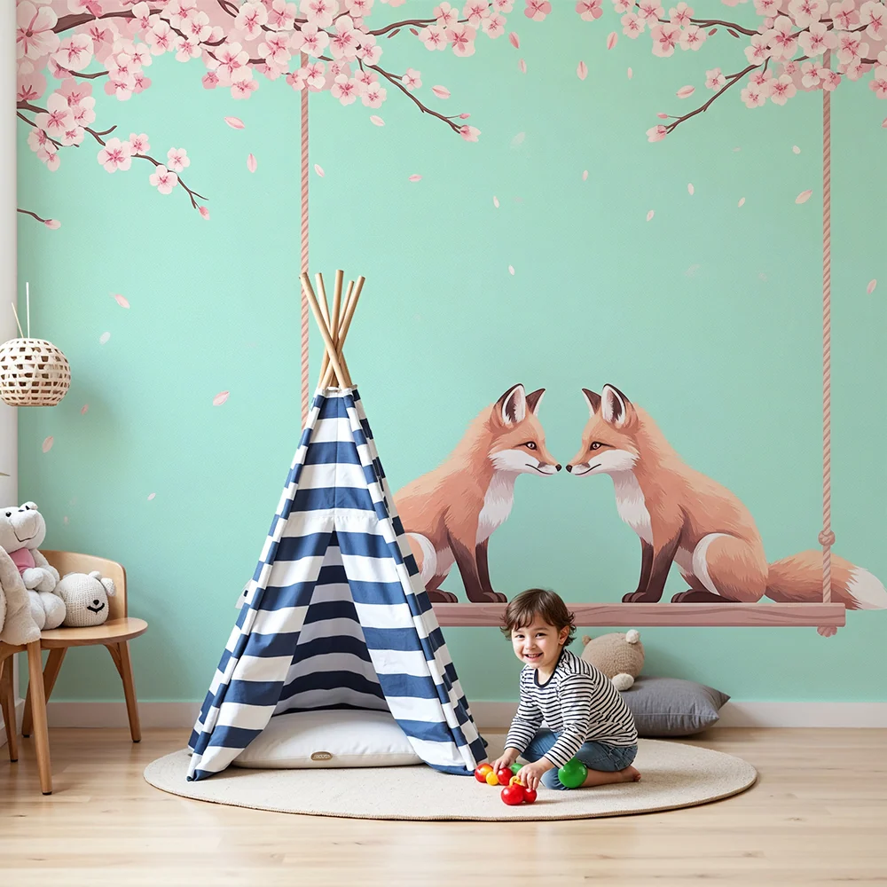 Kids room wallpaper | Dvojčata liščat pod kvetoucími třešněmi