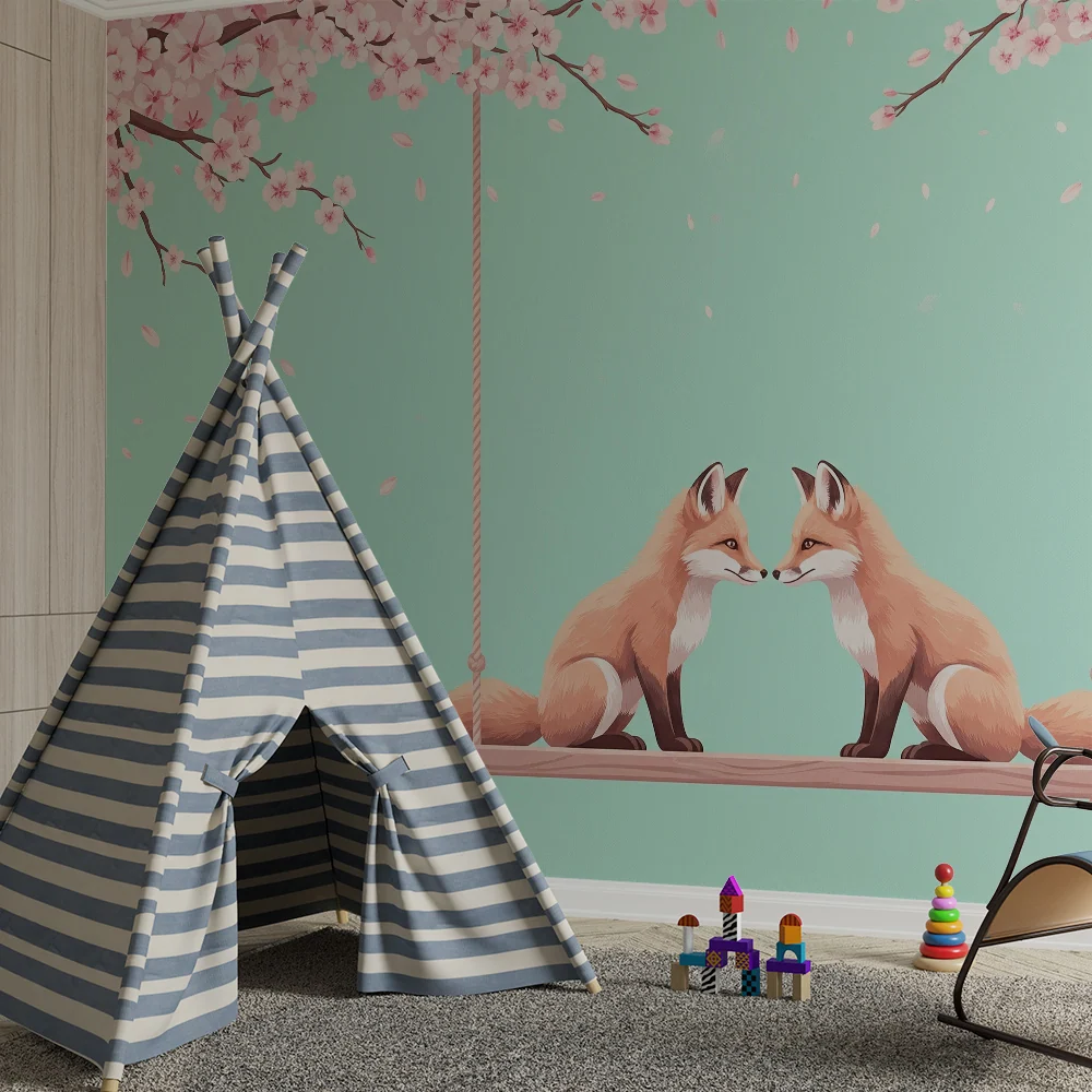 Kids room wallpaper | Dvojčata liščat pod kvetoucími třešněmi