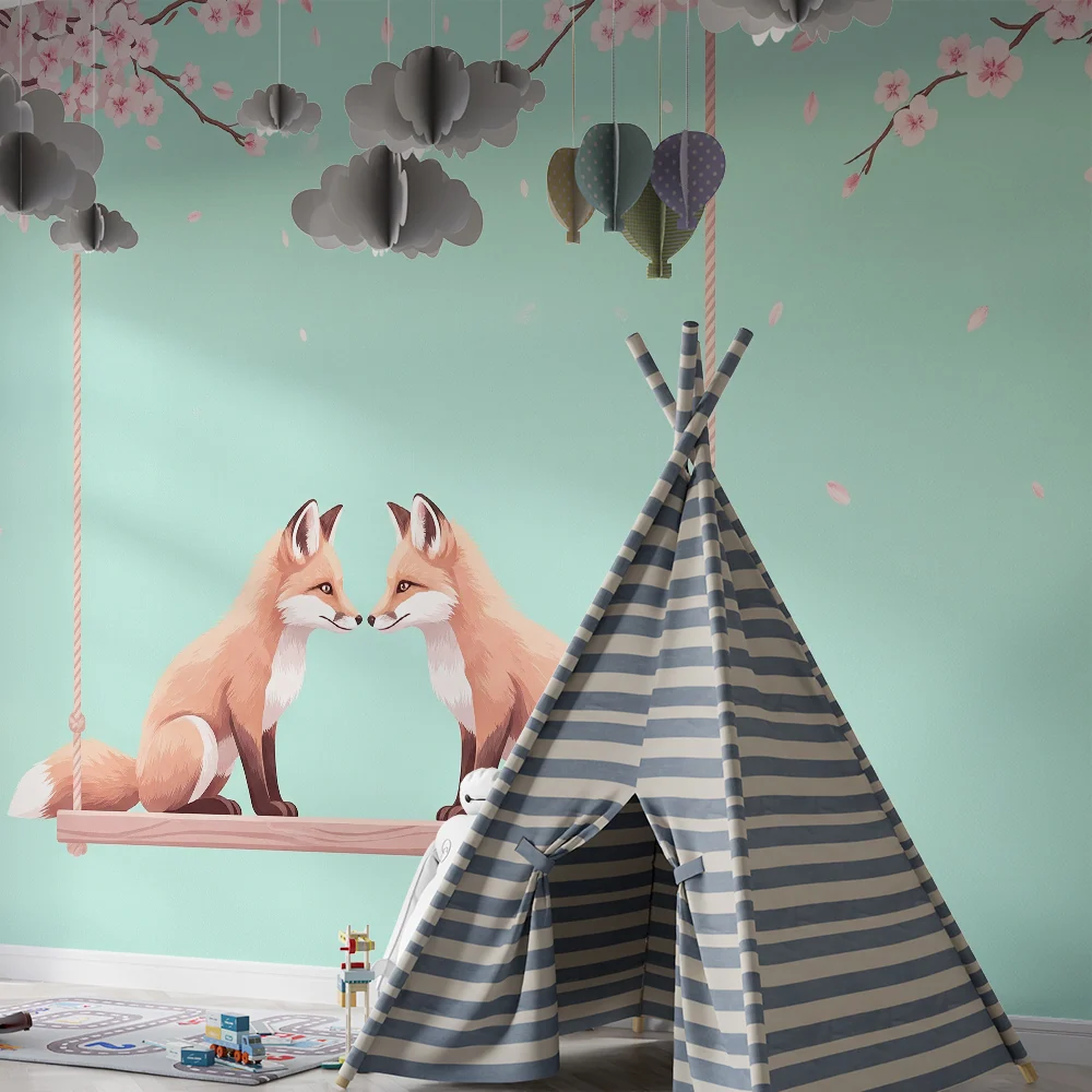 Kids room wallpaper | Dvojčata liščat pod kvetoucími třešněmi