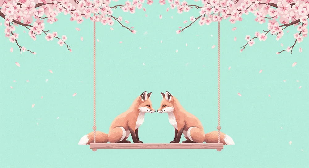 Kids room wallpaper | Dvojčata liščat pod kvetoucími třešněmi