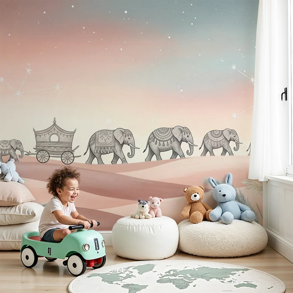 Kids room wallpaper | Elegant elephants starry desert landscape
