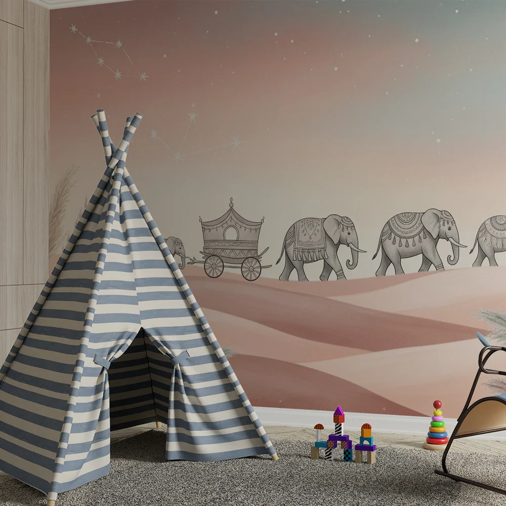 Kids room wallpaper | Elegant elephants starry desert landscape
