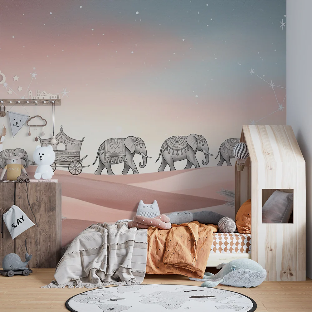 Kids room wallpaper | Elegant elephants starry desert landscape