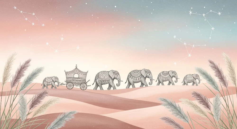 Kids room wallpaper | Elegant elephants starry desert landscape