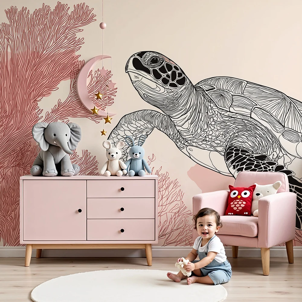 Kids room wallpaper | Elegant sea turtle swimming among pink corals